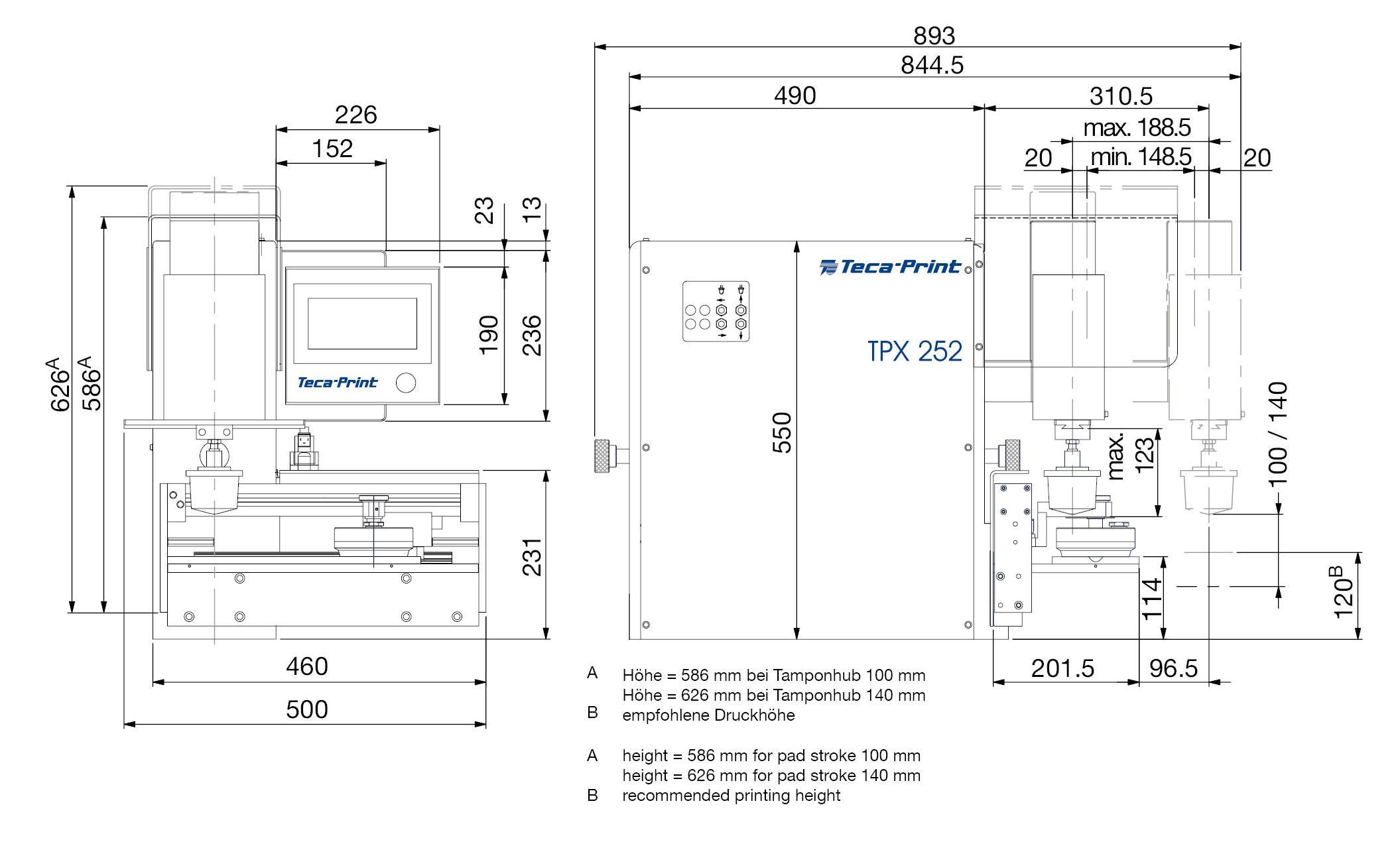 Tampondruckmaschine TPX 252 Masszeichnung