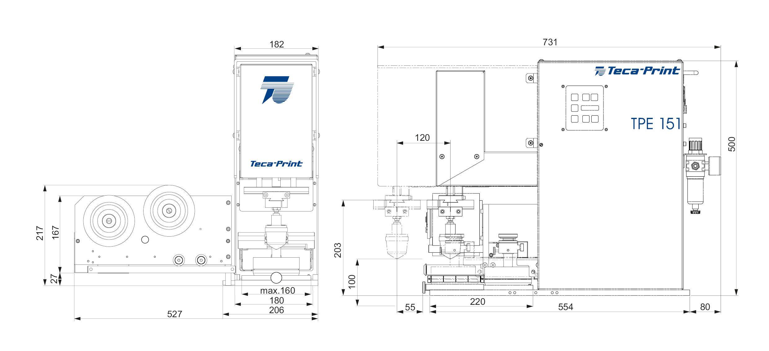 Masszeichnung TPE 151 Tampondruckmaschine