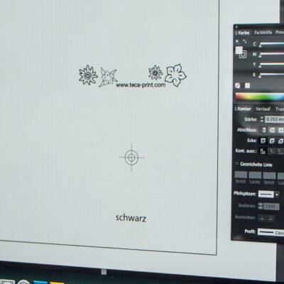 Teca-Print Arbeit in der Grafikabteilung, Bildschirm mit Film Schweizer Blumen